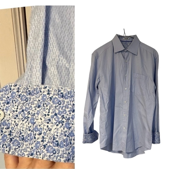 Bugatchi Shirt Flip Floral Cuffs Button Up Icy Blue Shaped Fit Cotton Size S - Picture 1 of 12